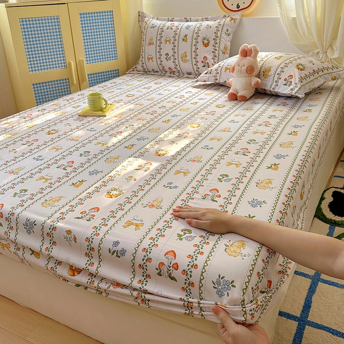 91家纺网 家纺一手货源 找家纺 十一家居 2025新款小清新印花款高克重加厚升级款云朵棉水洗棉床笠 兔兔庄园