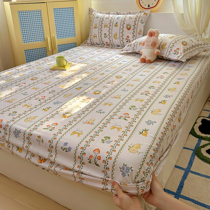 91家纺网 家纺一手货源 找家纺 十一家居 2025新款小清新印花款高克重加厚升级款云朵棉水洗棉床笠 兔兔庄园