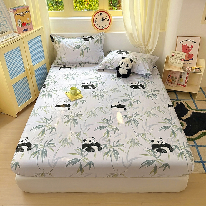 91家纺网 家纺一手货源 找家纺 十一家居 2025新款小清新印花款高克重加厚升级款云朵棉水洗棉床笠 熊猫宝贝