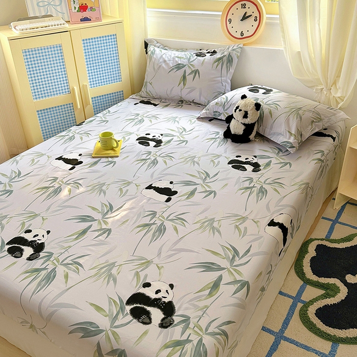 91家纺网 家纺一手货源 找家纺 十一家居 2025新款小清新印花款高克重加厚升级款云朵棉水洗棉床笠 熊猫宝贝