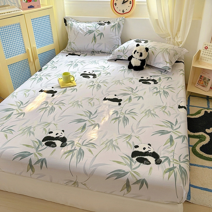 91家纺网 家纺一手货源 找家纺 十一家居 2025新款小清新印花款高克重加厚升级款云朵棉水洗棉床笠 熊猫宝贝