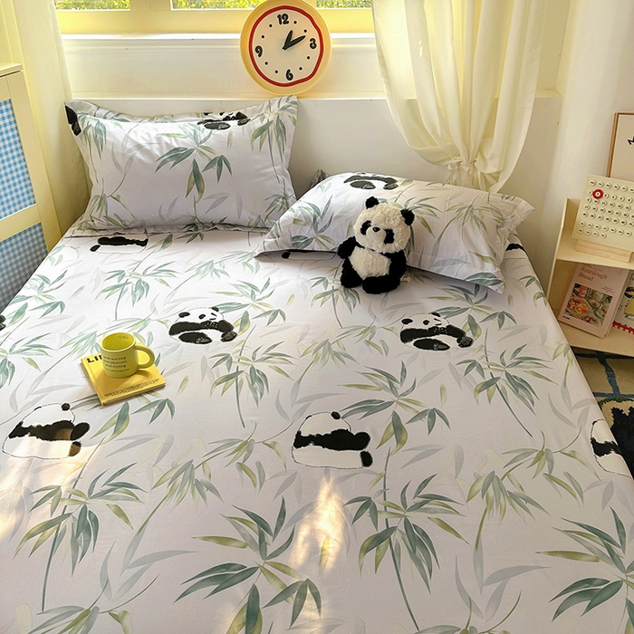 91家纺网 家纺一手货源 找家纺 十一家居 2025新款小清新印花款高克重加厚升级款云朵棉水洗棉床笠 熊猫宝贝