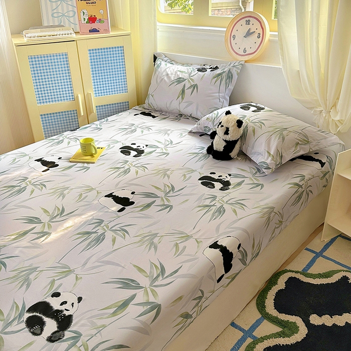 91家纺网 家纺一手货源 找家纺 十一家居 2025新款小清新印花款高克重加厚升级款云朵棉水洗棉床笠 熊猫宝贝