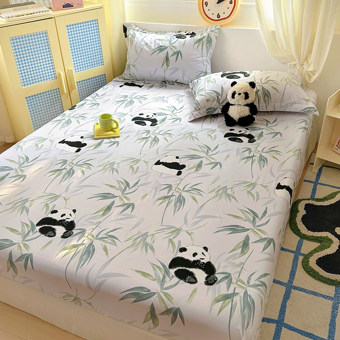 91家纺网 家纺一手货源 找家纺 十一家居 2025新款小清新印花款高克重加厚升级款云朵棉水洗棉床笠 熊猫宝贝