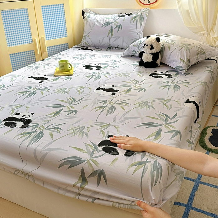 91家纺网 家纺一手货源 找家纺 十一家居 2025新款小清新印花款高克重加厚升级款云朵棉水洗棉床笠 熊猫宝贝