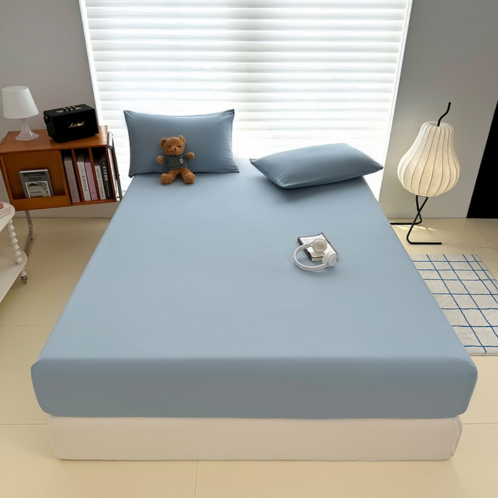 91家纺网 家纺一手货源 找家纺 十一家居 2025新款ins纯色系列亲肤水洗棉床笠 浅蓝