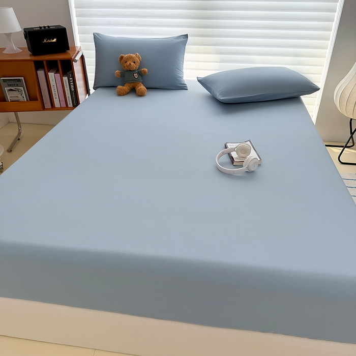 91家纺网 家纺一手货源 找家纺 十一家居 2025新款ins纯色系列亲肤水洗棉床笠 浅蓝