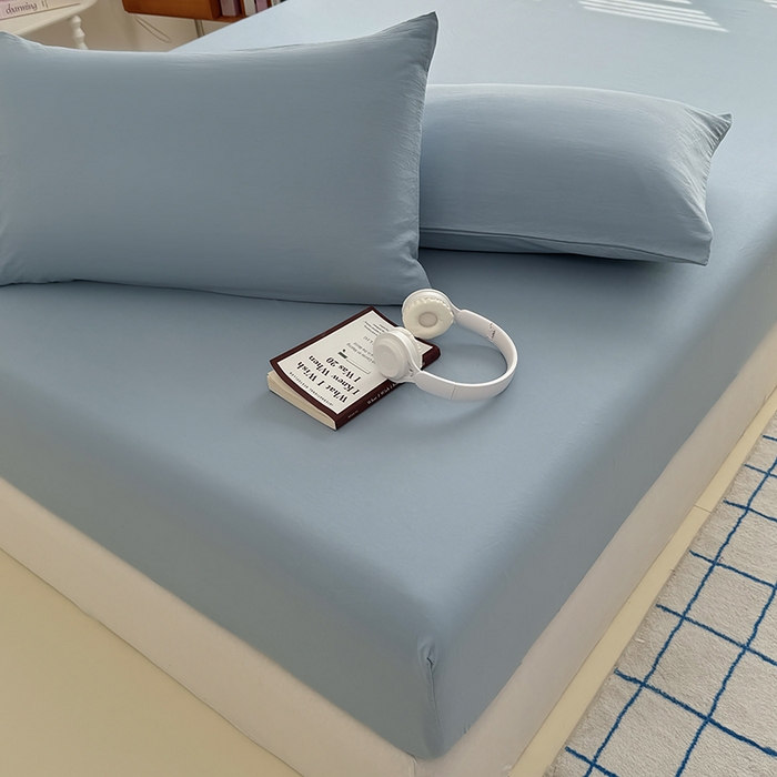 91家纺网 家纺一手货源 找家纺 十一家居 2025新款ins纯色系列亲肤水洗棉床笠 浅蓝