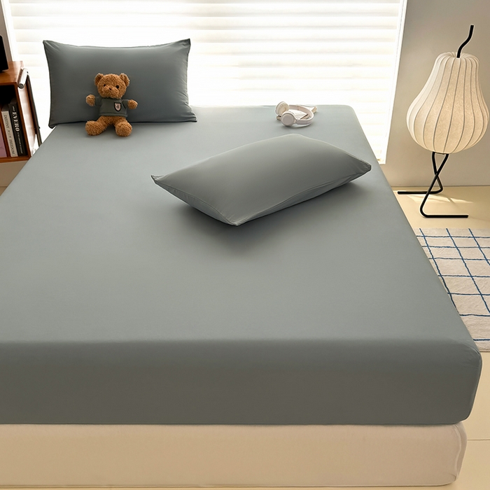 91家纺网 家纺一手货源 找家纺 十一家居 2025新款ins纯色系列亲肤水洗棉床笠 暖灰