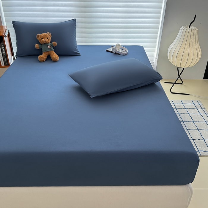 91家纺网 家纺一手货源 找家纺 十一家居 2025新款ins纯色系列亲肤水洗棉床笠 深蓝