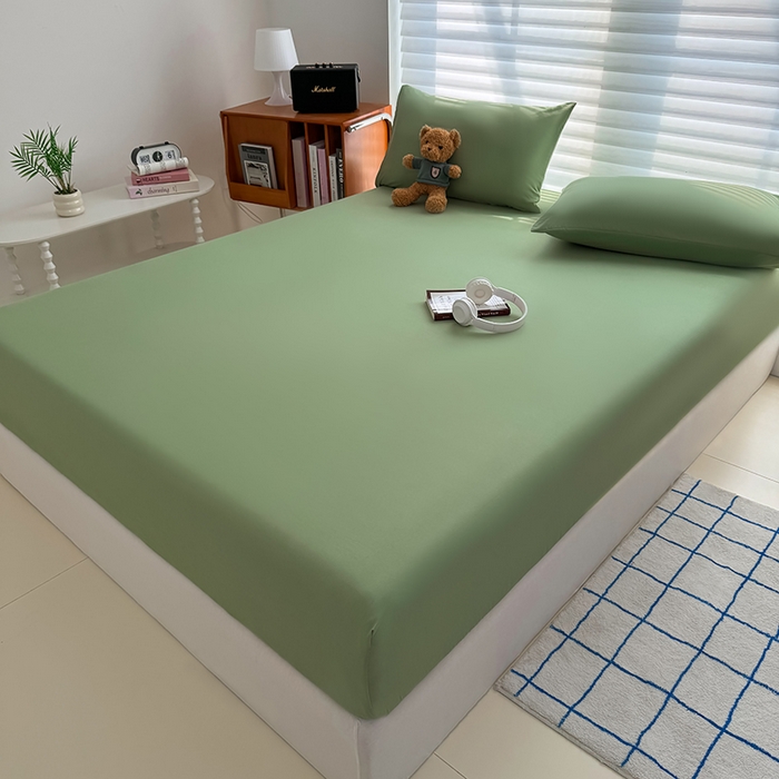 91家纺网 家纺一手货源 找家纺 十一家居 2025新款ins纯色系列亲肤水洗棉床笠 松绿