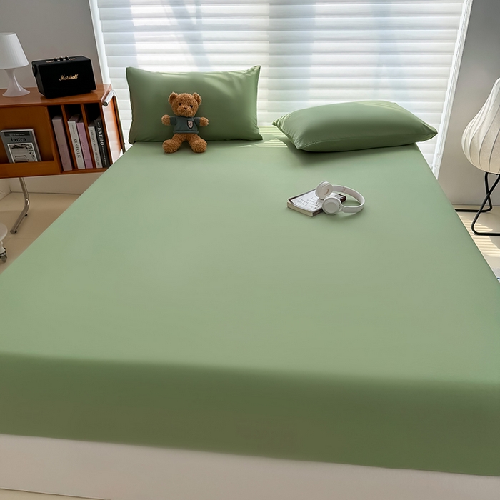 91家纺网 家纺一手货源 找家纺 十一家居 2025新款ins纯色系列亲肤水洗棉床笠 松绿