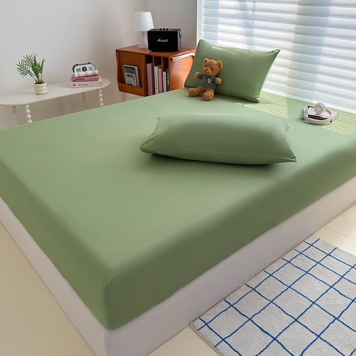 91家纺网 家纺一手货源 找家纺 十一家居 2025新款ins纯色系列亲肤水洗棉床笠 松绿