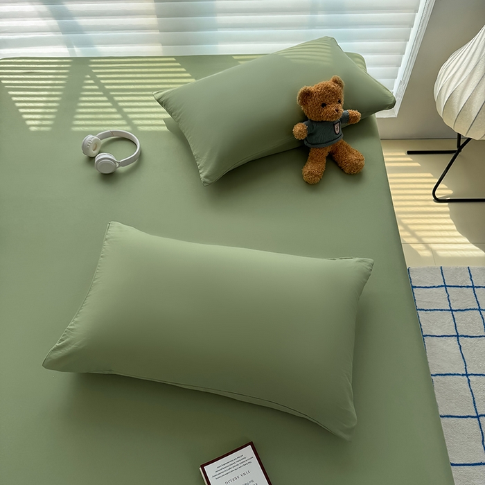 91家纺网 家纺一手货源 找家纺 十一家居 2025新款ins纯色系列亲肤水洗棉床笠 松绿