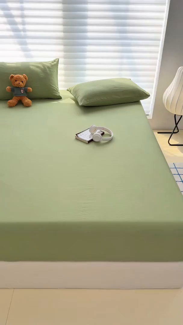 91家纺网 家纺一手货源 找家纺 十一家居 2025新款ins纯色系列亲肤水洗棉床笠 松绿