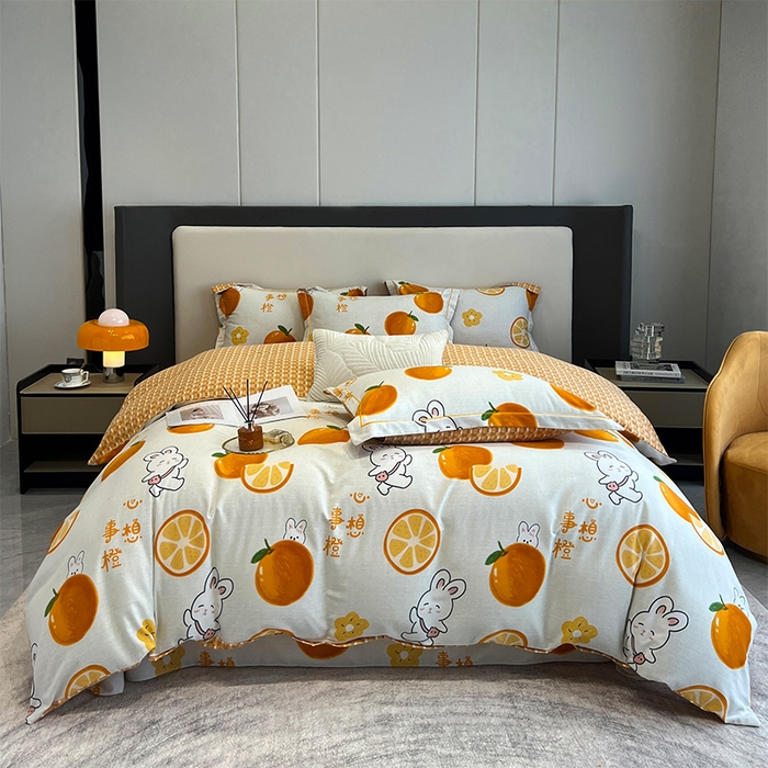 91家纺网 家纺一手货源 找家纺 曲之慕 2025直播爆款纯棉磨毛 高克重加厚全棉磨毛印花四件套 心想事橙