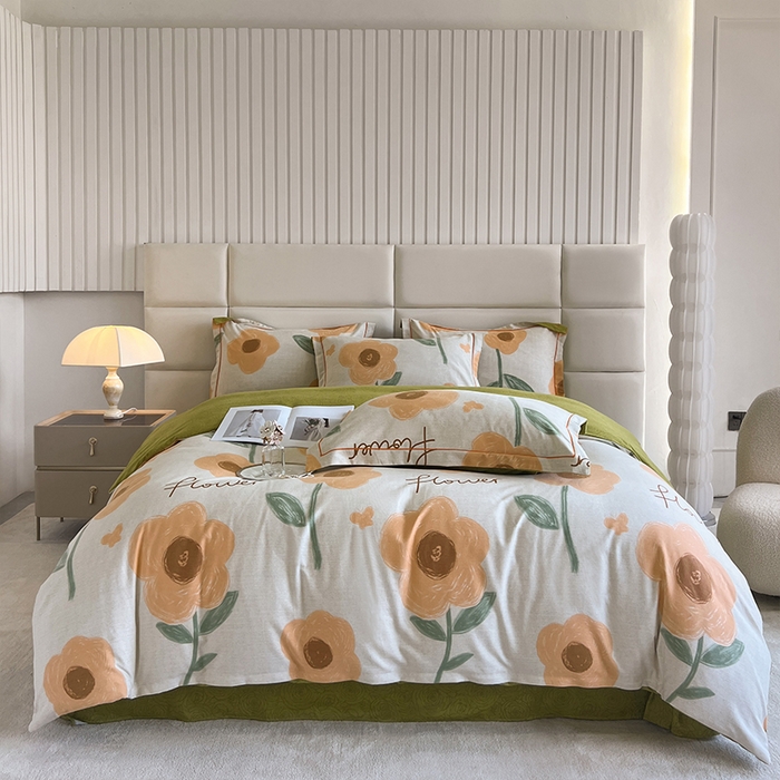 91家纺网 家纺一手货源 找家纺 曲之慕 2025直播爆款纯棉磨毛 高克重加厚全棉磨毛印花四件套 太阳花