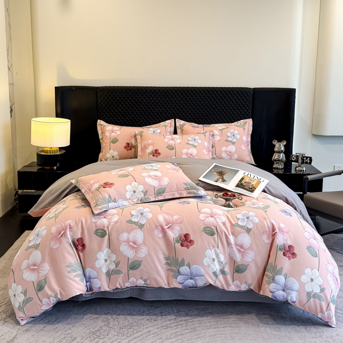 91家纺网 家纺一手货源 找家纺 曲之慕 2025直播爆款纯棉磨毛 高克重加厚全棉磨毛印花四件套 春江花月-粉