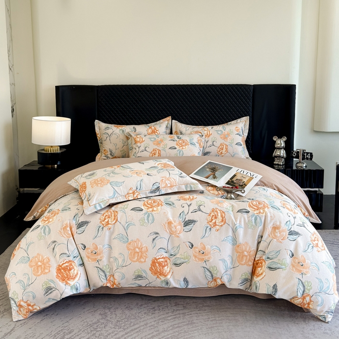 91家纺网 家纺一手货源 找家纺 曲之慕 2025直播爆款纯棉磨毛 高克重加厚全棉磨毛印花四件套 芳菲庄园-桔