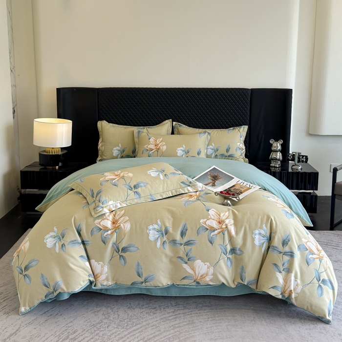 91家纺网 家纺一手货源 找家纺 曲之慕 2025直播爆款纯棉磨毛 高克重加厚全棉磨毛印花四件套 花兮-绿