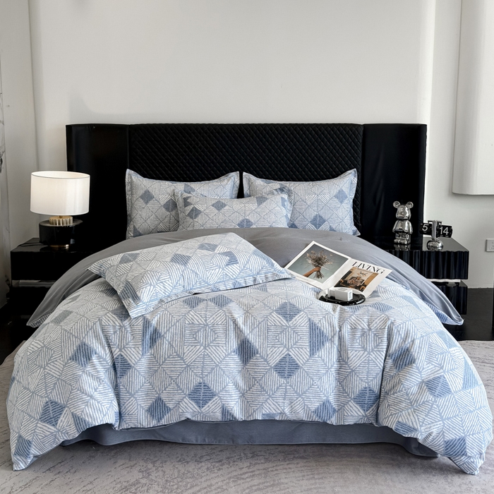 91家纺网 家纺一手货源 找家纺 曲之慕 2025直播爆款纯棉磨毛 高克重加厚全棉磨毛印花四件套 街角咖啡-蓝