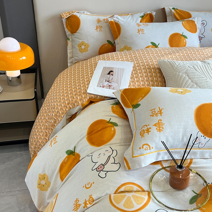 91家纺网 家纺一手货源 找家纺 曲之慕 2025直播爆款纯棉磨毛 高克重加厚全棉磨毛印花四件套 心想事橙