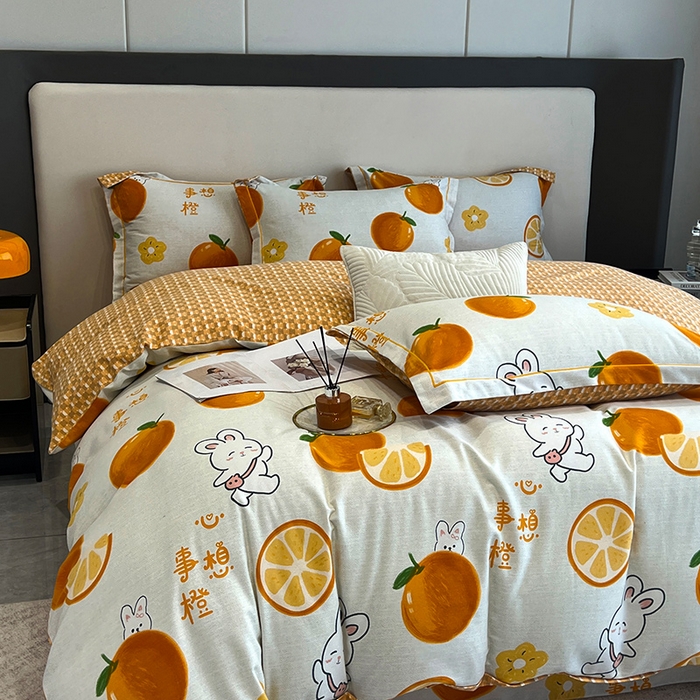 91家纺网 家纺一手货源 找家纺 曲之慕 2025直播爆款纯棉磨毛 高克重加厚全棉磨毛印花四件套 心想事橙