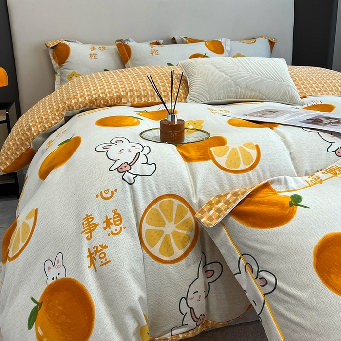 91家纺网 家纺一手货源 找家纺 曲之慕 2025直播爆款纯棉磨毛 高克重加厚全棉磨毛印花四件套 心想事橙