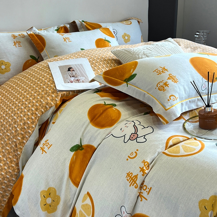 91家纺网 家纺一手货源 找家纺 曲之慕 2025直播爆款纯棉磨毛 高克重加厚全棉磨毛印花四件套 心想事橙