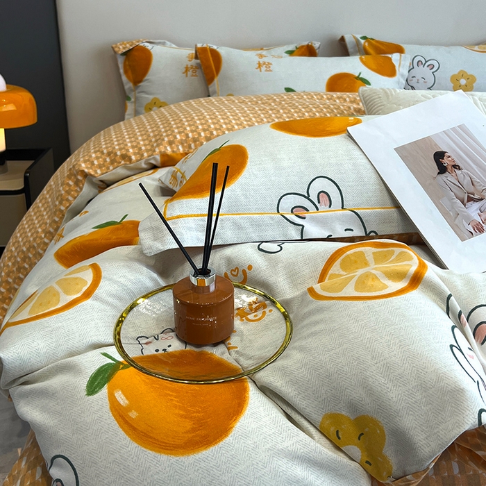 91家纺网 家纺一手货源 找家纺 曲之慕 2025直播爆款纯棉磨毛 高克重加厚全棉磨毛印花四件套 心想事橙