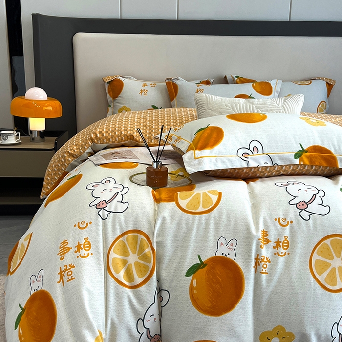 91家纺网 家纺一手货源 找家纺 曲之慕 2025直播爆款纯棉磨毛 高克重加厚全棉磨毛印花四件套 心想事橙