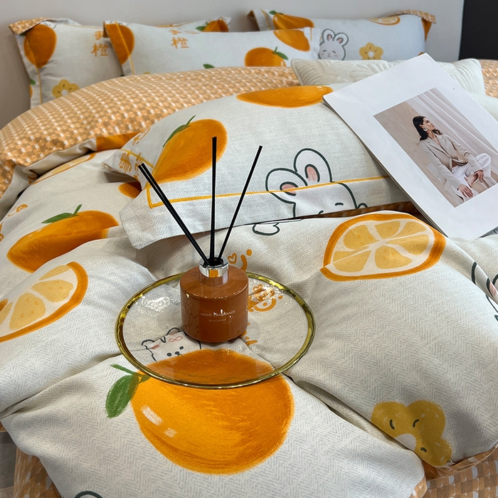 91家纺网 家纺一手货源 找家纺 曲之慕 2025直播爆款纯棉磨毛 高克重加厚全棉磨毛印花四件套 心想事橙