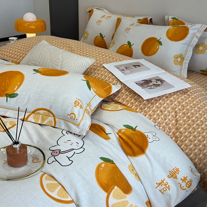 91家纺网 家纺一手货源 找家纺 曲之慕 2025直播爆款纯棉磨毛 高克重加厚全棉磨毛印花四件套 心想事橙