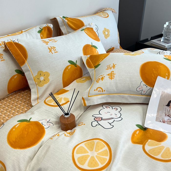 91家纺网 家纺一手货源 找家纺 曲之慕 2025直播爆款纯棉磨毛 高克重加厚全棉磨毛印花四件套 心想事橙