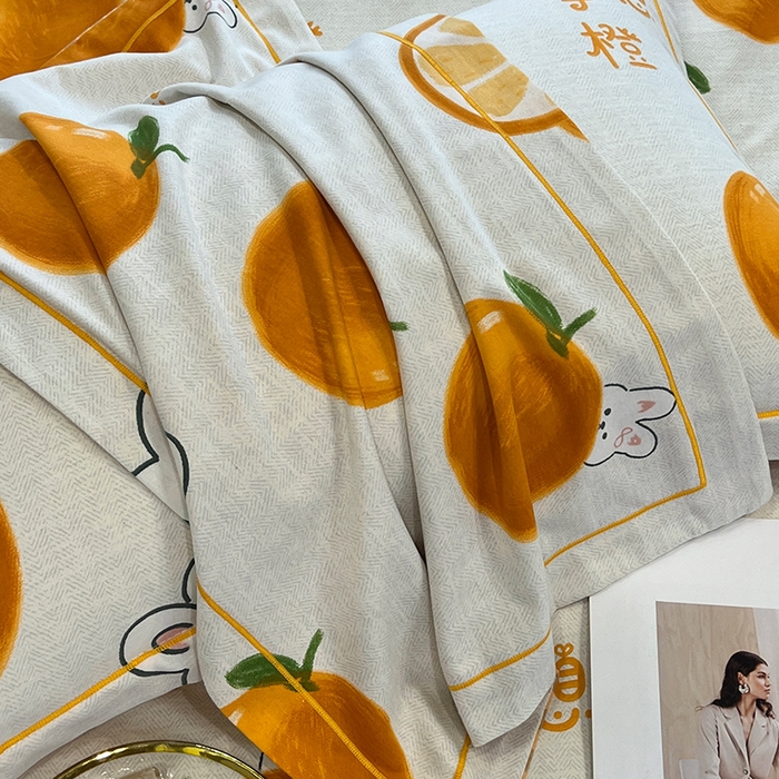 91家纺网 家纺一手货源 找家纺 曲之慕 2025直播爆款纯棉磨毛 高克重加厚全棉磨毛印花四件套 心想事橙