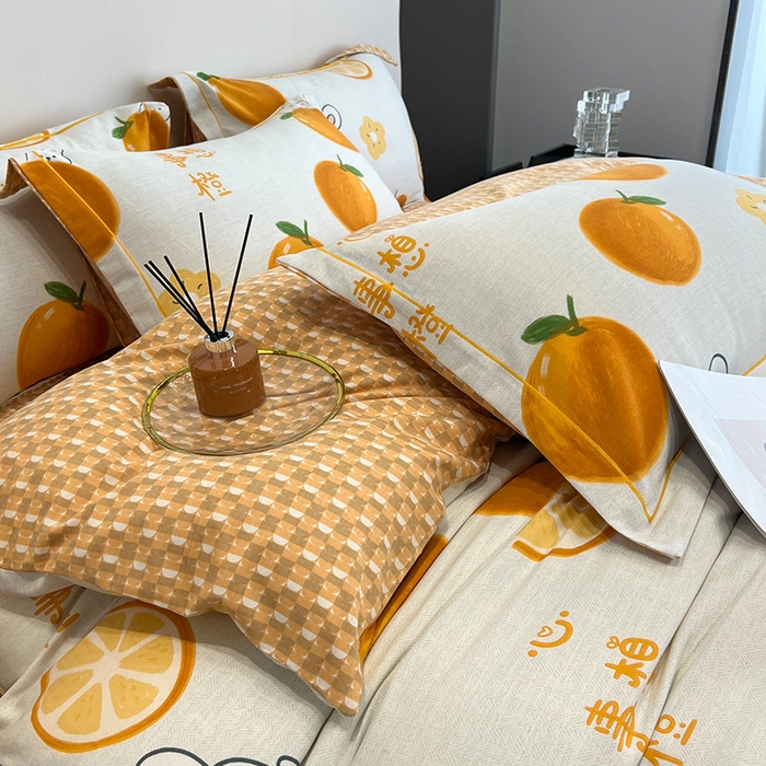 91家纺网 家纺一手货源 找家纺 曲之慕 2025直播爆款纯棉磨毛 高克重加厚全棉磨毛印花四件套 心想事橙