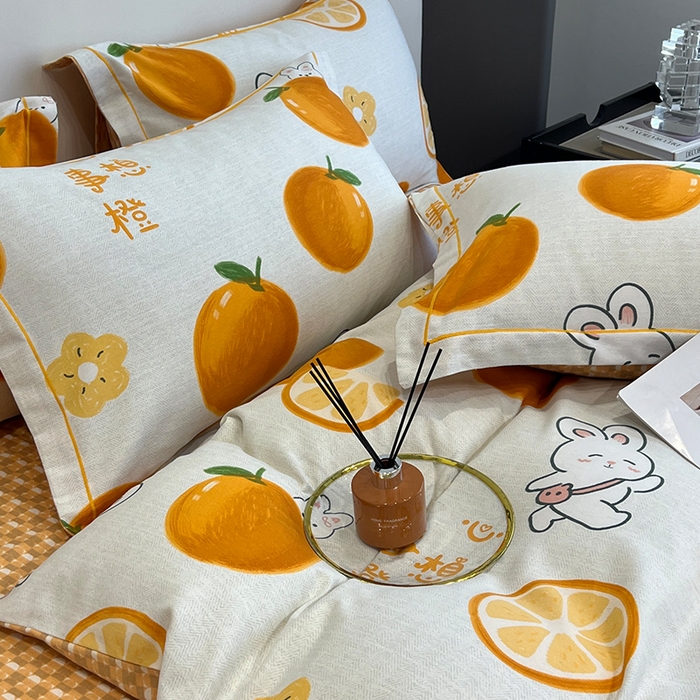 91家纺网 家纺一手货源 找家纺 曲之慕 2025直播爆款纯棉磨毛 高克重加厚全棉磨毛印花四件套 心想事橙