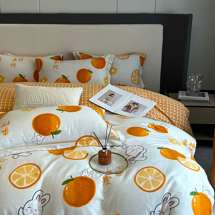 91家纺网 家纺一手货源 找家纺 曲之慕 2025直播爆款纯棉磨毛 高克重加厚全棉磨毛印花四件套 心想事橙