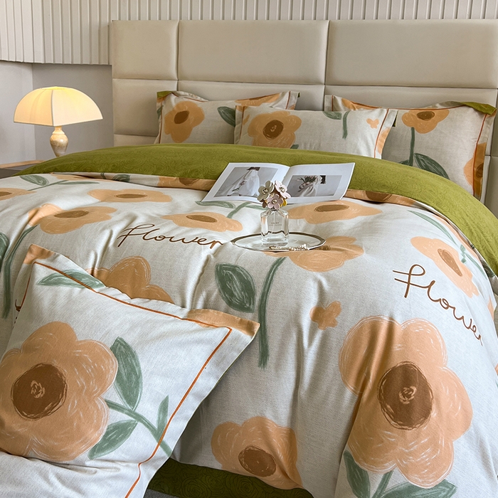 91家纺网 家纺一手货源 找家纺 曲之慕 2025直播爆款纯棉磨毛 高克重加厚全棉磨毛印花四件套 太阳花