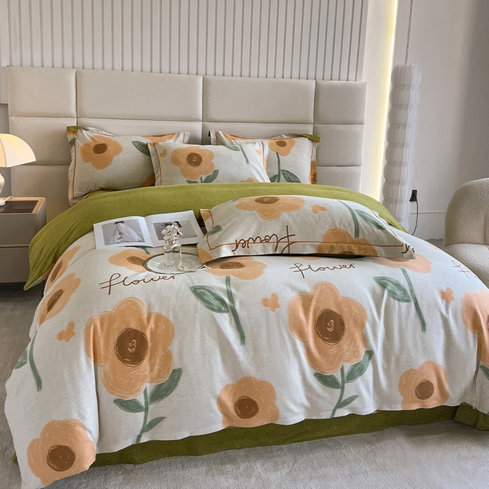 91家纺网 家纺一手货源 找家纺 曲之慕 2025直播爆款纯棉磨毛 高克重加厚全棉磨毛印花四件套 太阳花