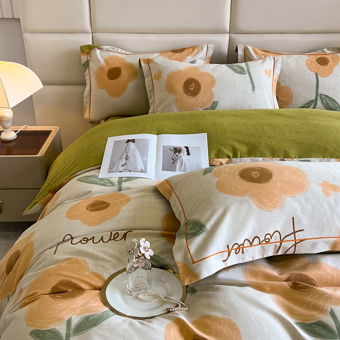 91家纺网 家纺一手货源 找家纺 曲之慕 2025直播爆款纯棉磨毛 高克重加厚全棉磨毛印花四件套 太阳花