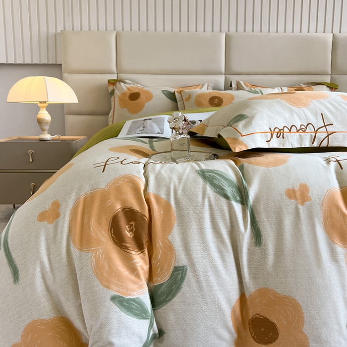 91家纺网 家纺一手货源 找家纺 曲之慕 2025直播爆款纯棉磨毛 高克重加厚全棉磨毛印花四件套 太阳花