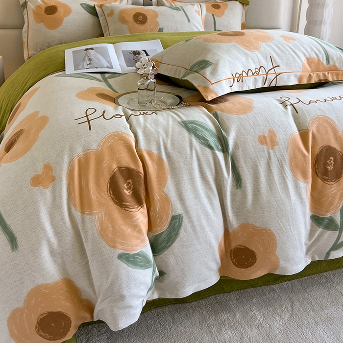 91家纺网 家纺一手货源 找家纺 曲之慕 2025直播爆款纯棉磨毛 高克重加厚全棉磨毛印花四件套 太阳花