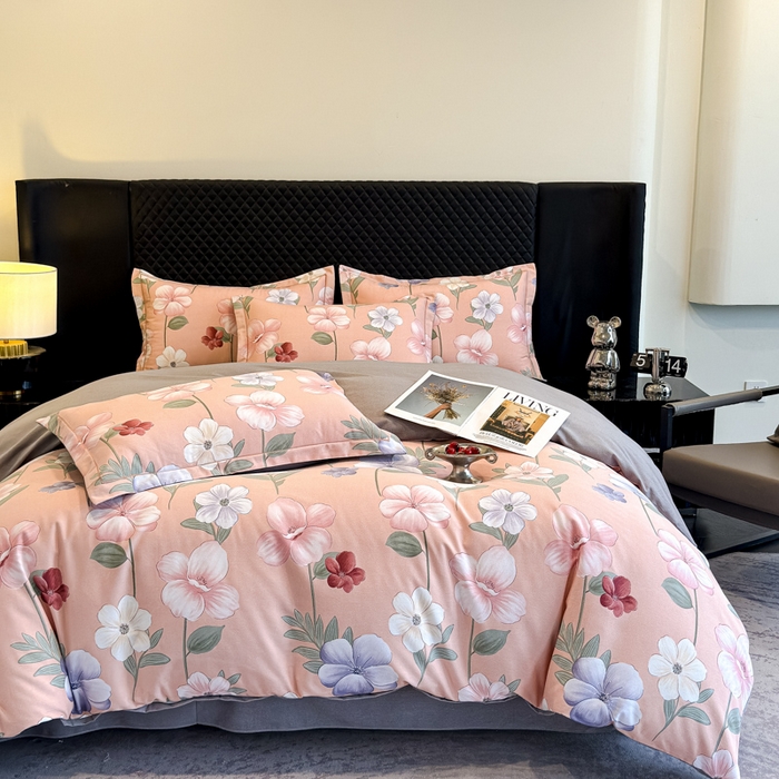 91家纺网 家纺一手货源 找家纺 曲之慕 2025直播爆款纯棉磨毛 高克重加厚全棉磨毛印花四件套 春江花月-粉