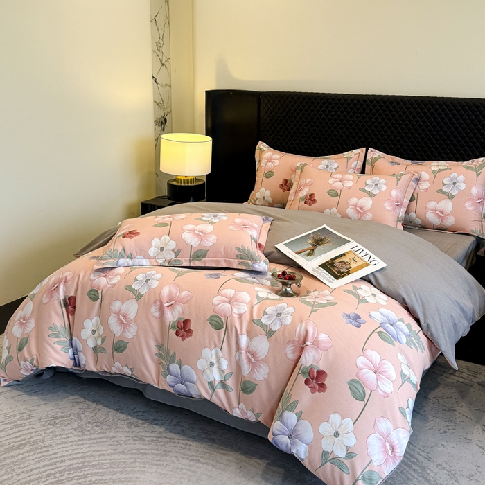 91家纺网 家纺一手货源 找家纺 曲之慕 2025直播爆款纯棉磨毛 高克重加厚全棉磨毛印花四件套 春江花月-粉