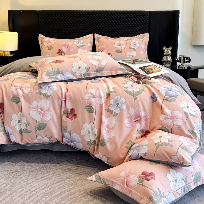 91家纺网 家纺一手货源 找家纺 曲之慕 2025直播爆款纯棉磨毛 高克重加厚全棉磨毛印花四件套 春江花月-粉