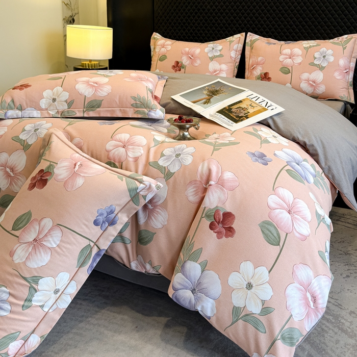 91家纺网 家纺一手货源 找家纺 曲之慕 2025直播爆款纯棉磨毛 高克重加厚全棉磨毛印花四件套 春江花月-粉