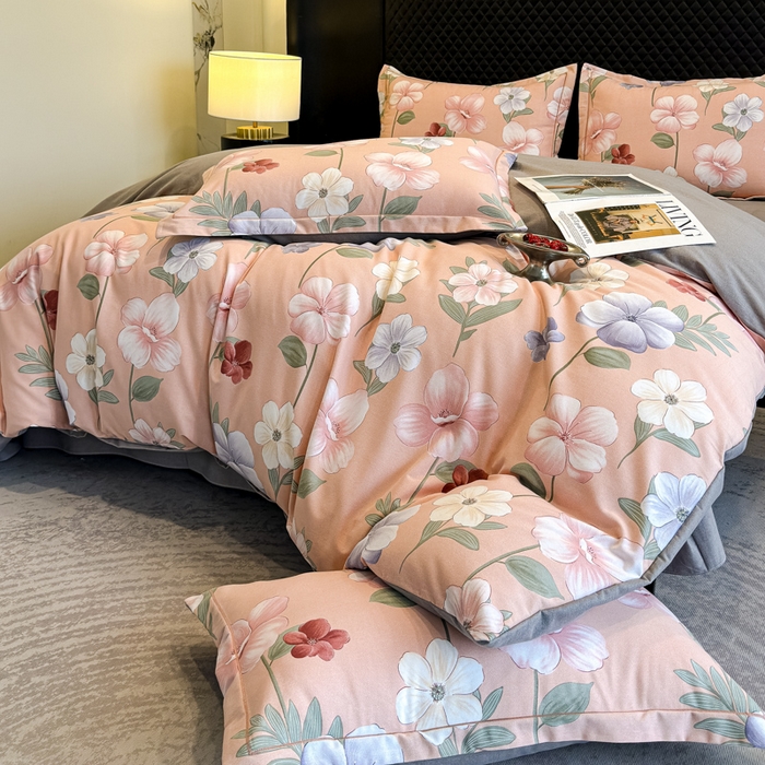 91家纺网 家纺一手货源 找家纺 曲之慕 2025直播爆款纯棉磨毛 高克重加厚全棉磨毛印花四件套 春江花月-粉