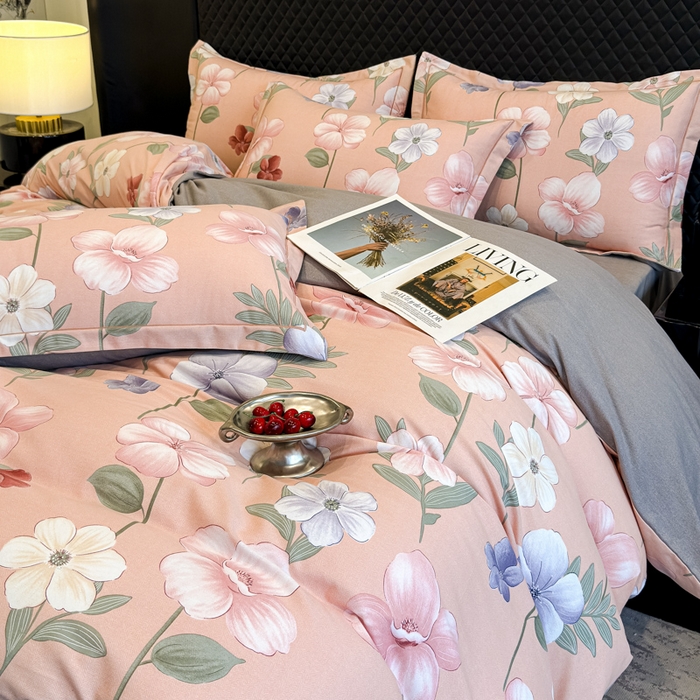 91家纺网 家纺一手货源 找家纺 曲之慕 2025直播爆款纯棉磨毛 高克重加厚全棉磨毛印花四件套 春江花月-粉