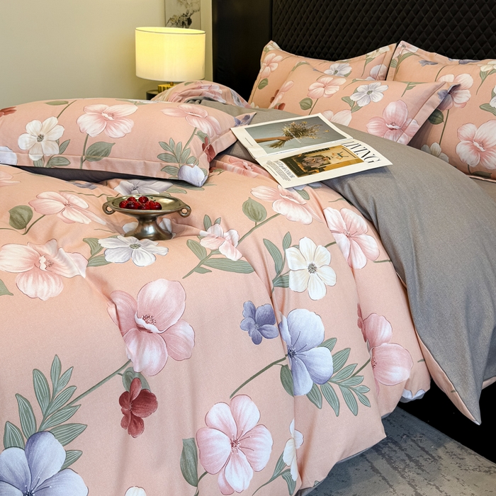 91家纺网 家纺一手货源 找家纺 曲之慕 2025直播爆款纯棉磨毛 高克重加厚全棉磨毛印花四件套 春江花月-粉